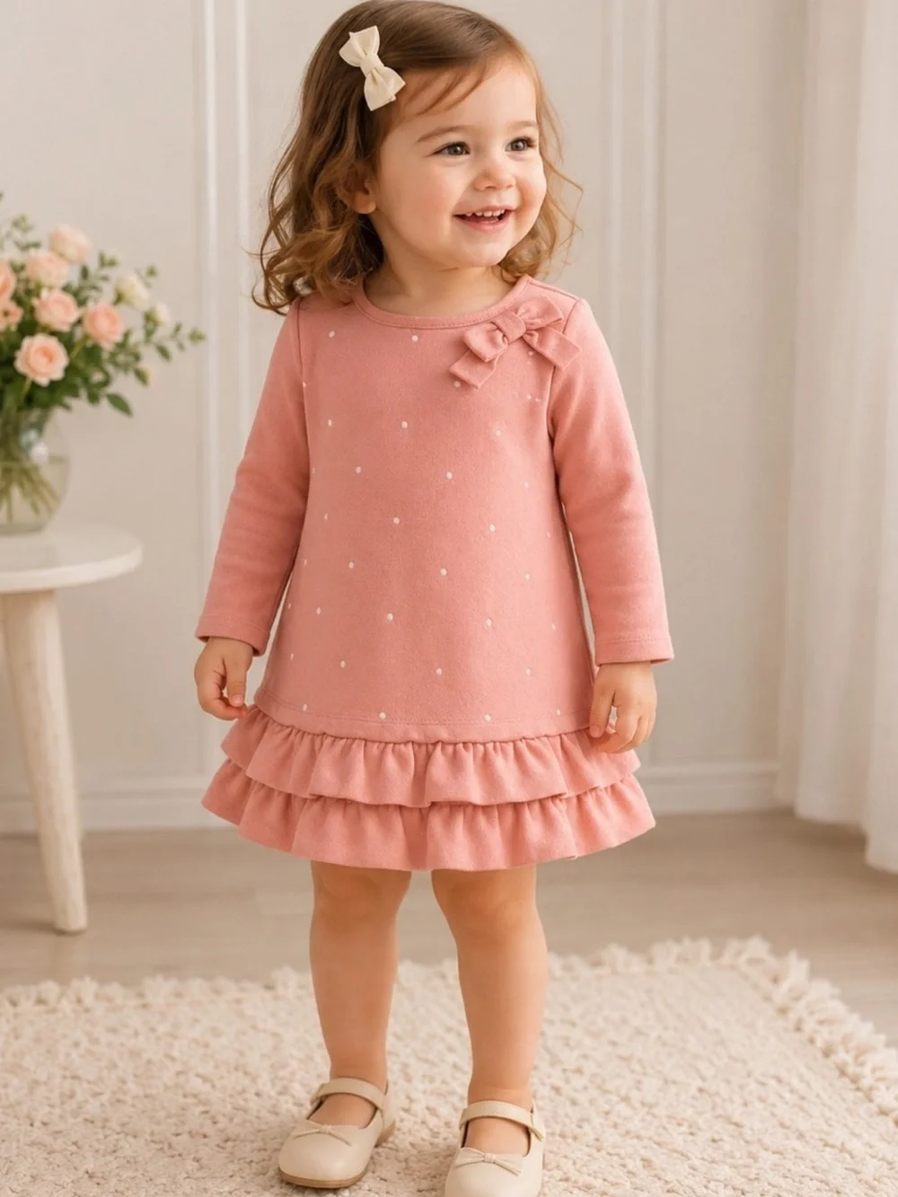 Gymboree Girls 18-24M Blush Pink Bow Ruffle Long Sleeve Dress 2014